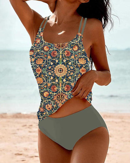Women’s Tankini Swimsuit – Relaxed Fit – Printed – Nylon Spandex – Adjustable Straps