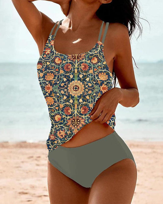 Women’s Tankini Swimsuit – Relaxed Fit – Printed – Nylon Spandex – Adjustable Straps
