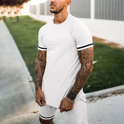 Men’s Athletic Set – Slim Fit – Breathable Stretch Fabric – Short Sleeve & Drawstring Shorts