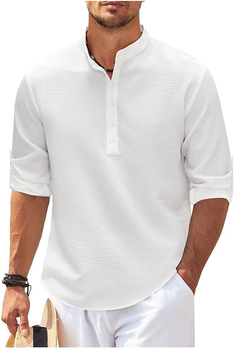 Men’s Casual Shirt – Relaxed Fit – Band Collar – Natural Fibers – Buttoned Cuffs