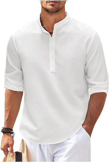 Men’s Casual Shirt – Relaxed Fit – Band Collar – Natural Fibers – Buttoned Cuffs