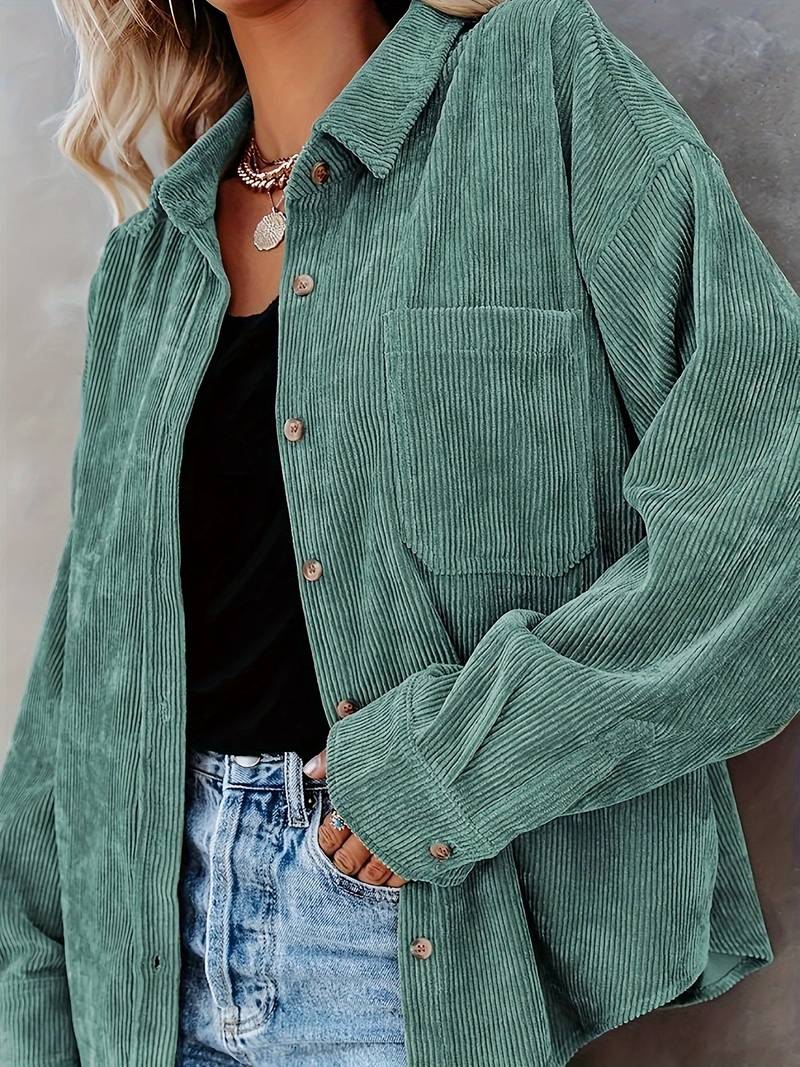 Women’s Shirt – Oversized Fit – Soft Ribbed Texture – Long Sleeve Button-Up Casual
