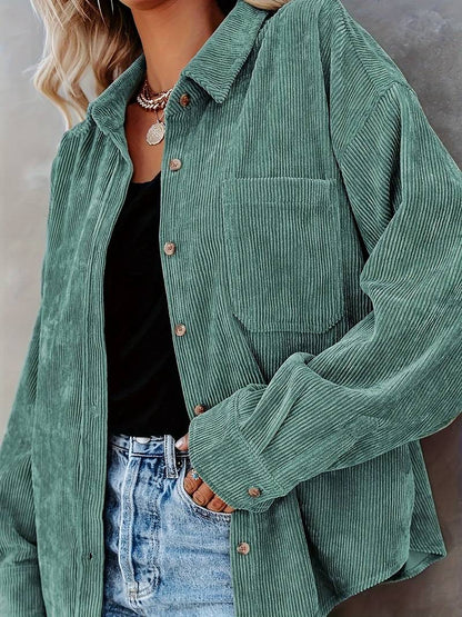 Women’s Shirt – Oversized Fit – Soft Ribbed Texture – Long Sleeve Button-Up Casual