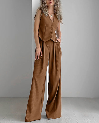 Women’s 2-piece Set – Tailored Vest – Pinstriped – Button-Front – Structured Fit – Wide-Leg Trouser