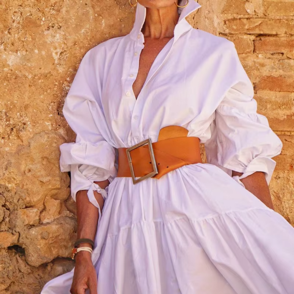 Women’s Shirt Dress – Flared A-Line Fit – Belted Waist – Puff Sleeves – Cotton Blend