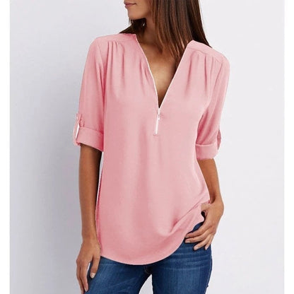 Women’s Blouse – Relaxed Fit – Cotton Blend – Half Zip – 3/4 Roll-Up Sleeves