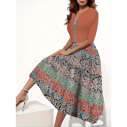 Women’s Midi Dress – Fit and Flare – Keyhole Neckline – Bold Floral Print – Cotton Blend