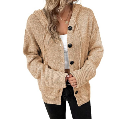 Women’s Knitted Cardigan – Wool Blend – Oversized Fit – Hooded – Button Front Ribbed Hem