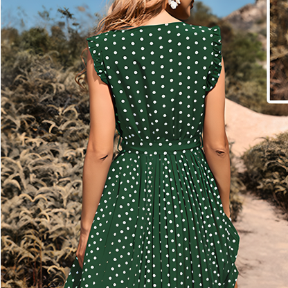 Women's Polka Dot Sundress - Sleeveless Ruffle Shoulder - Belted A-Line with High Slit