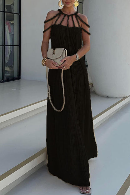 Women’s Full-Length Dress – Relaxed Fit – Braided Halter Neck – Natural Fibers
