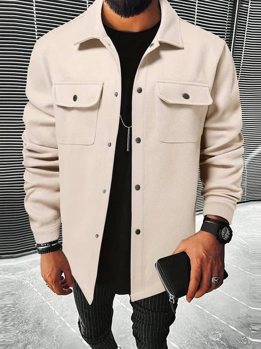 Men’s Button-Down Jacket – Structured Fit – Luxury Fabric – Chest Pockets – Mid Length