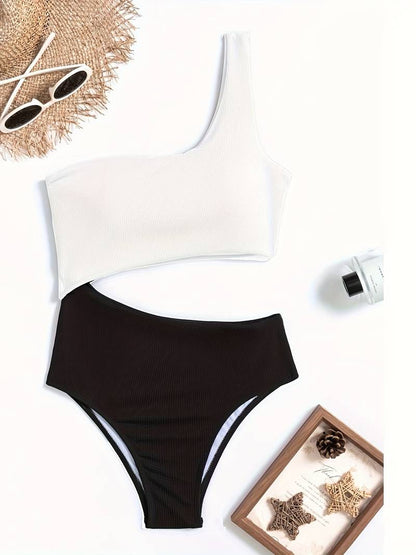 Women’s One-Piece Swimsuit – Slim Fit – Ribbed Texture – Asymmetric Neckline – High Leg
