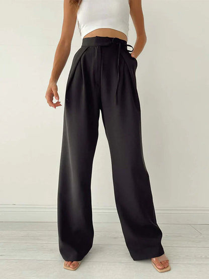 Women’s Wide Leg Trousers – High Waist – Pleated Front – String Belted Flowy Fit