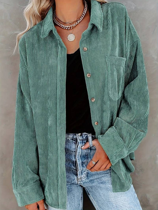 Women’s Shirt – Oversized Fit – Soft Ribbed Texture – Long Sleeve Button-Up Casual