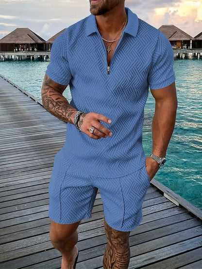 Men’s Polo Shirt and Shorts Set – Slim Fit – Breathable Blend – Zip Placket – Casual Wear