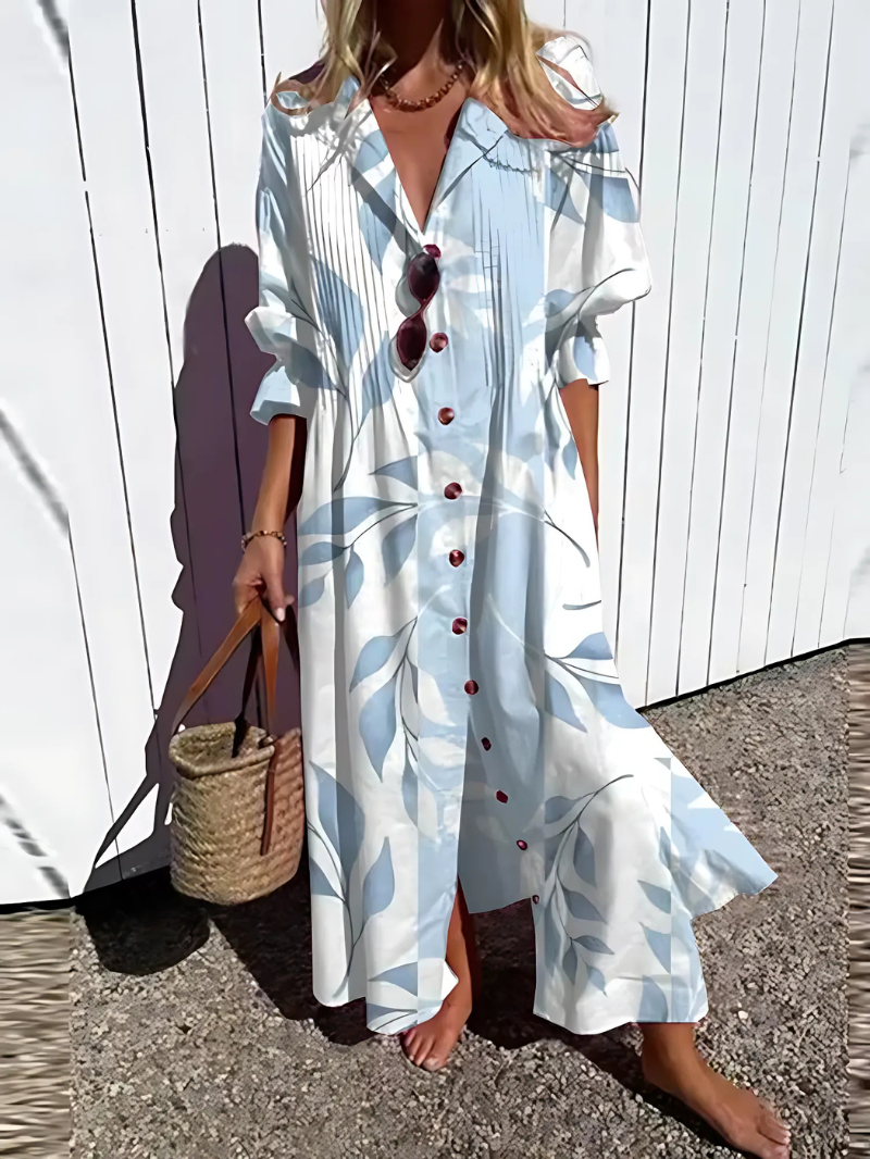 Women’s Maxi Dress – Relaxed Fit – Button Front – Retro Leaf Print – Breathable Blend