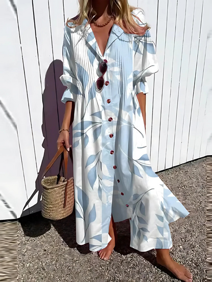 Women’s Maxi Dress – Relaxed Fit – Button Front – Retro Leaf Print – Breathable Blend