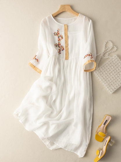 Women’s Midi Dress – Relaxed Fit – Embroidered – 3/4 Sleeve – Natural Fibers