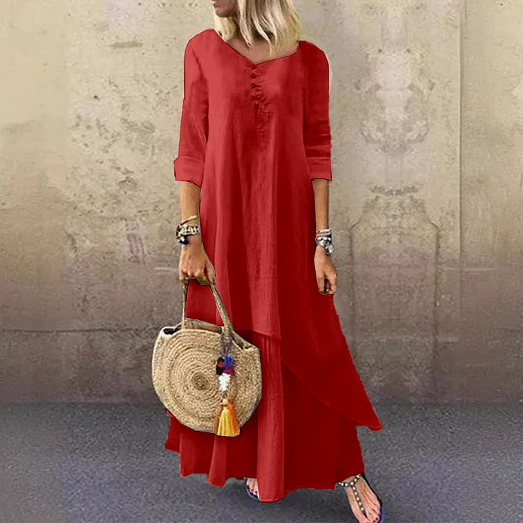 Women’s Midi Dress – Relaxed Fit – Natural Fibers – V-Neck – Layered Asymmetrical Hem