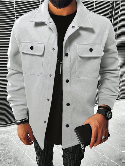 Men’s Button-Down Jacket – Structured Fit – Luxury Fabric – Chest Pockets – Mid Length