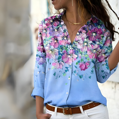 Women’s Blouse – Relaxed Fit – Breathable Fabric – Button Front – Floral Print – Long Sleeve