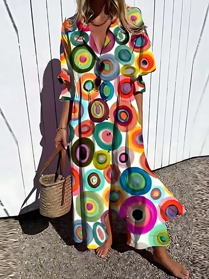 Women’s Maxi Dress – Relaxed Fit – Button Front – Retro Leaf Print – Breathable Blend