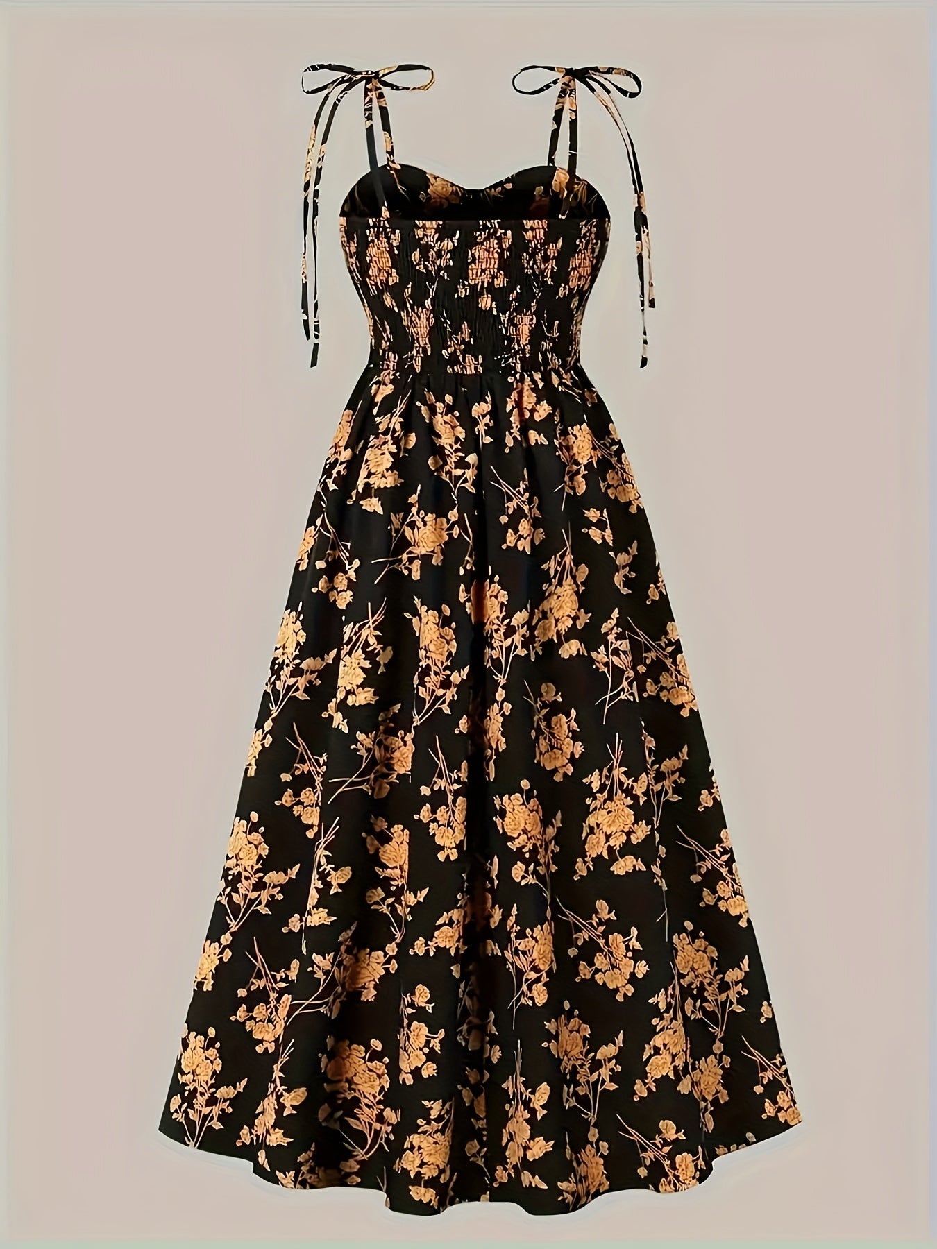 Women's Midi Dress - A-Line Fit - Ruched Bodice - Tie Strap Sleeveless - Floral Print