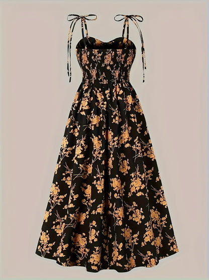 Women's Midi Dress - A-Line Fit - Ruched Bodice - Tie Strap Sleeveless - Floral Print