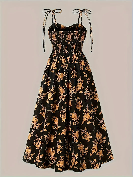 Women's Midi Dress - A-Line Fit - Ruched Bodice - Tie Strap Sleeveless - Floral Print