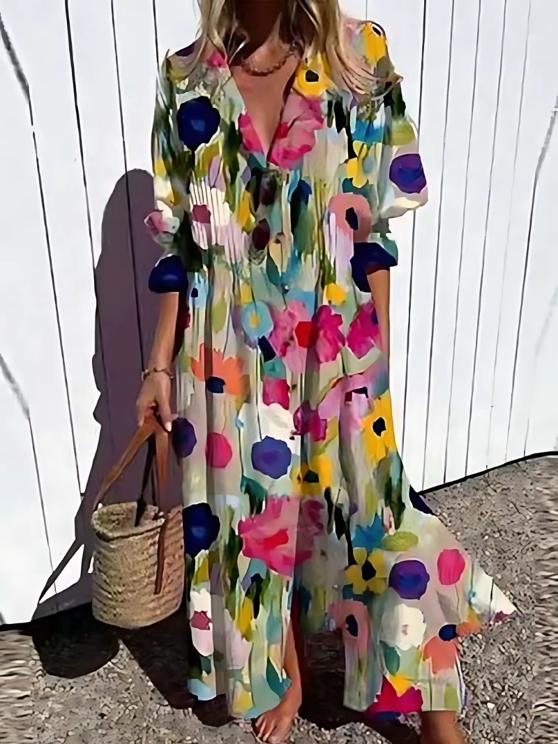 Women’s Maxi Dress – Relaxed Fit – Button Front – Retro Leaf Print – Breathable Blend