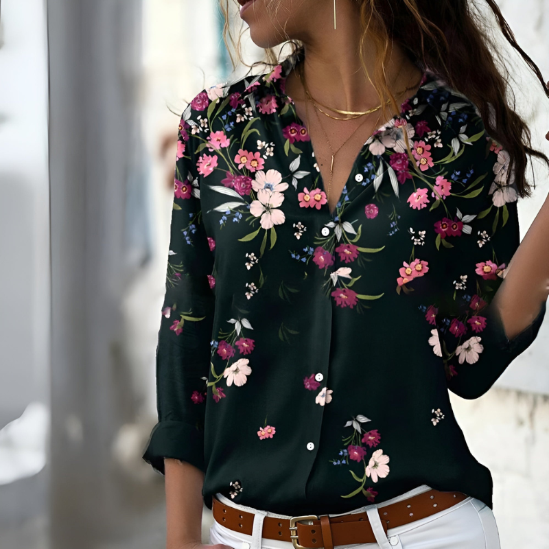 Women’s Blouse – Relaxed Fit – Breathable Fabric – Button Front – Floral Print – Long Sleeve