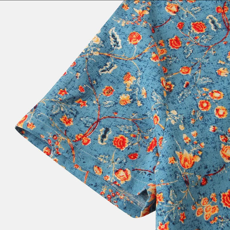 Men’s Short Sleeve Shirt – Relaxed Fit – Breathable Blend – Mandarin Collar – Floral Print