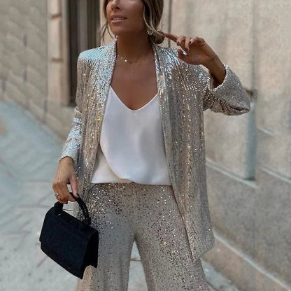 Women’s Two-Piece Set – Sequin Tailored Jacket – High-Waisted Wide-Leg Pants