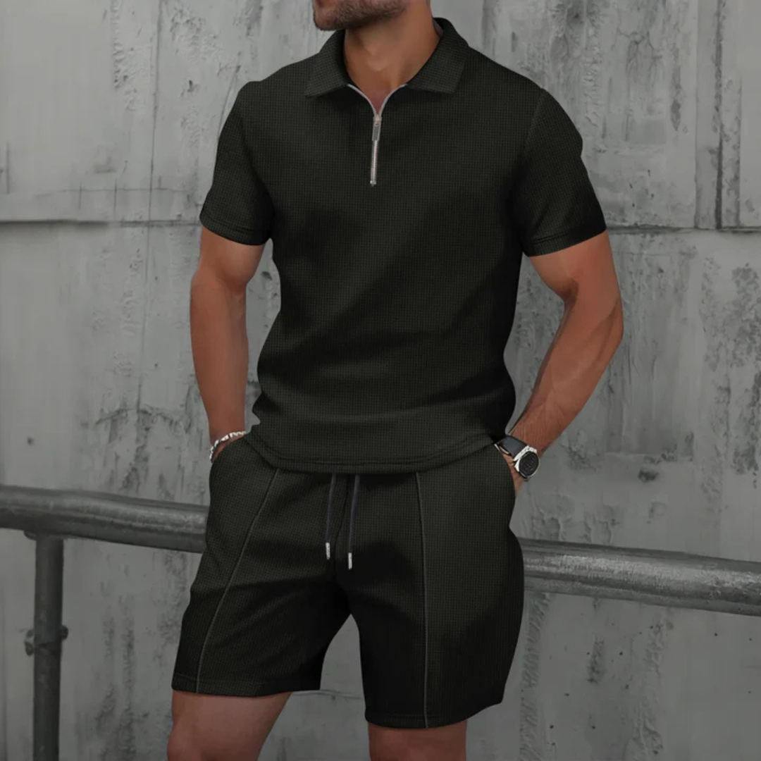 Men’s Co-ord Set – Tailored Slim Fit – Soft Knit – Zip Polo – Mid-Thigh Shorts