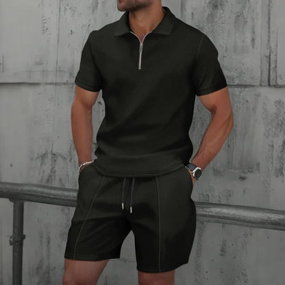 Men’s Co-ord Set – Tailored Slim Fit – Soft Knit – Zip Polo – Mid-Thigh Shorts