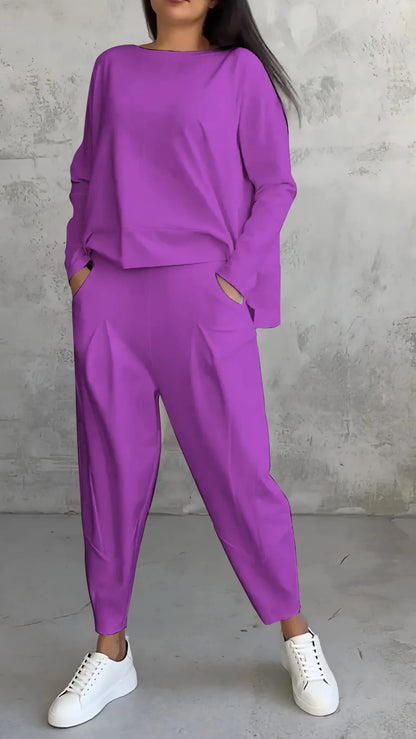 Women’s Two-Piece Set – Relaxed Fit – Long Sleeve Top – Tapered Harem Pants – Breathable Cotton