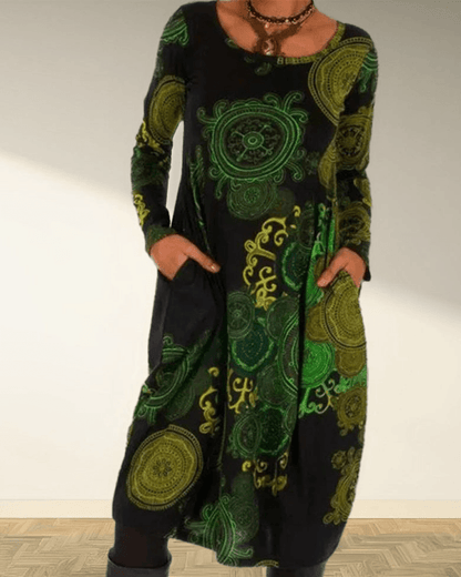 Women's Maxi Dress - Long Sleeve - Scoop Neck - A-Line Loose Fit - Bohemian Print