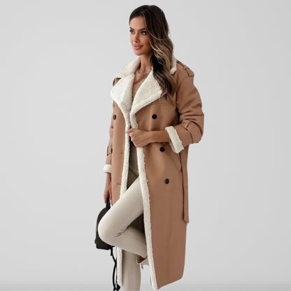 Women's Trench Coat - Wool Blend - Oversized Fit - Double Breasted - Belted Waist
