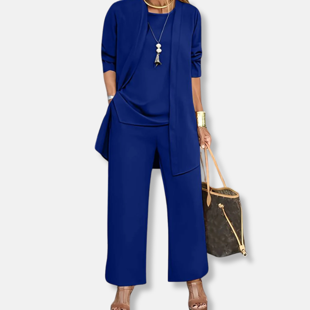 Women's Draped Jacket and Wide-Leg Trousers Set - Jersey - Relaxed Silhouette