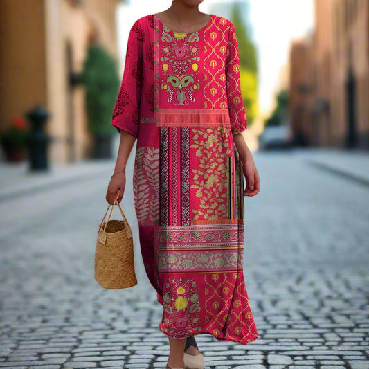 Women’s Kaftan Dress – Natural Fibers – Relaxed Fit – Boho Patchwork – Ankle Length