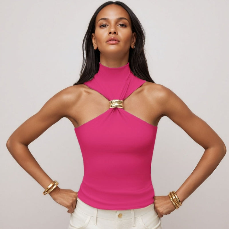 Women’s Tank Top – Slim Fit Halter Style – Soft Knit with Front Metal Ring