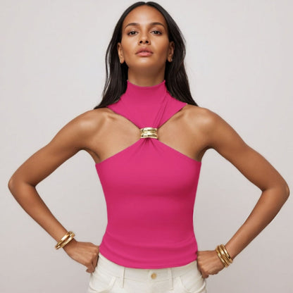 Women’s Tank Top – Slim Fit Halter Style – Soft Knit with Front Metal Ring