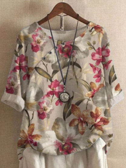 Women’s Blouse – Relaxed Fit – Floral Print – Mid Sleeve – Round Neck – Cotton Feel