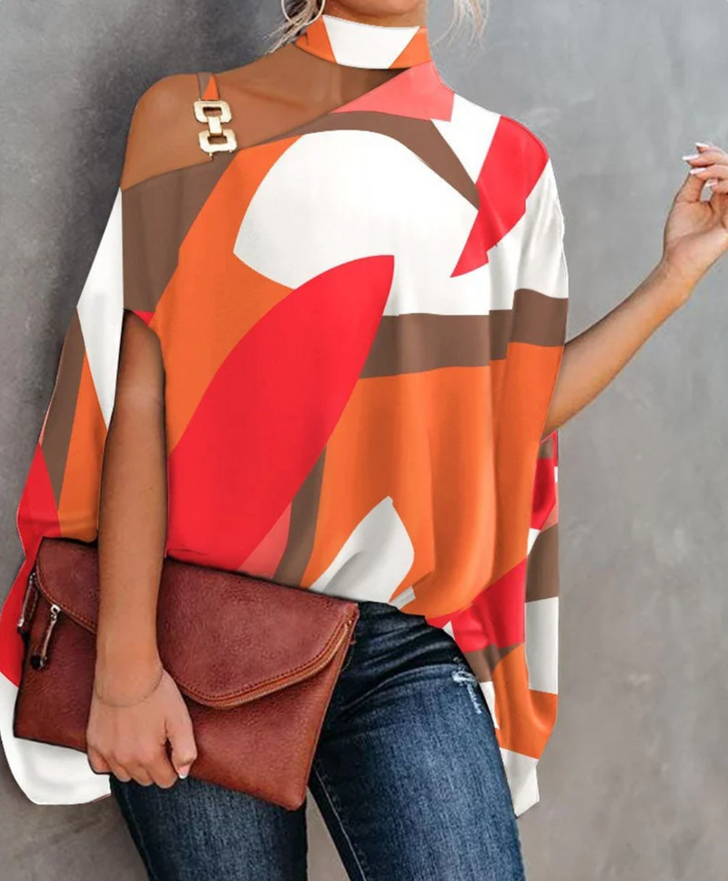 Women’s Off-Shoulder Top – Relaxed Fit – Asymmetric Neckline – Breathable Blend – Chain Detail