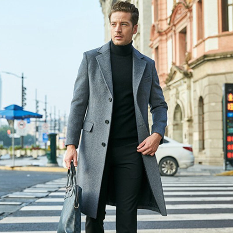 Men’s Knee-Length Coat – Tailored Fit – Wool Blend – Lapel Collar – Formal Style
