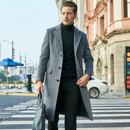 Men’s Knee-Length Coat – Tailored Fit – Wool Blend – Lapel Collar – Formal Style