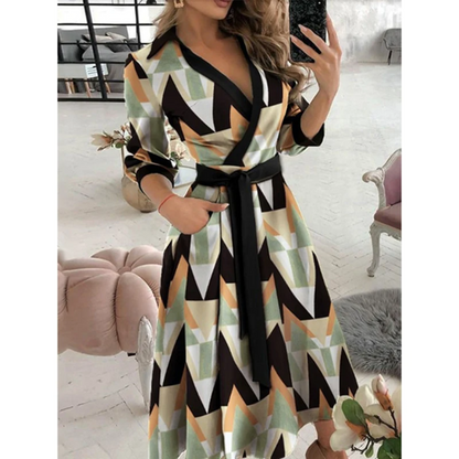 Women's Wrap Dress - Geometric Print - Midi Length - Long Sleeve Adjustable Fit
