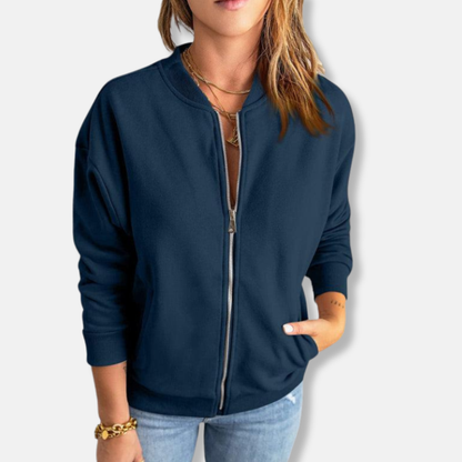 Women's Bomber Jacket - Soft Knit - Relaxed Fit - Zip Closure - Ribbed Cuffs