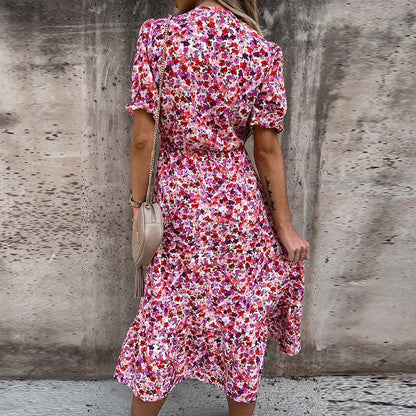 Women's Midi Dress - V-Neck - Short Puff Sleeves - Fitted Waist - Side Slit