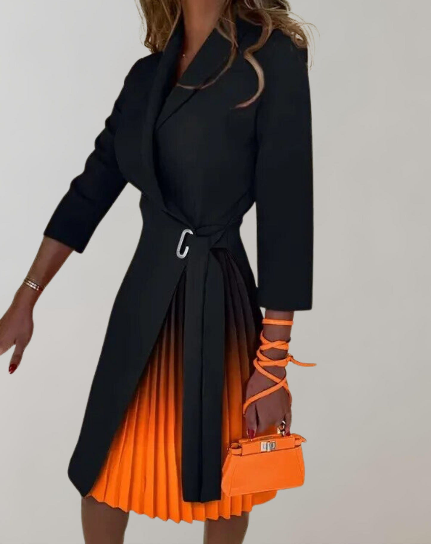 Women’s Midi Dress – Tailored Fit – Pleated Skirt – Notched Neck – Belted Waist